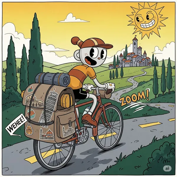 Prompt; Generate an image that will be used on the landing page as a hero image for every redirect to my block page this image supposed to be about my bike trip in Italy use the style similar to the game Cuphead