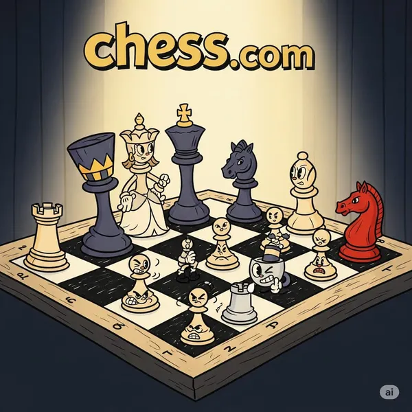 Prompt; Create another similar image this time redirecting to chess.com. So indicate chess-board, figures, ... Once again keep the style the artwork based of Cuphead game